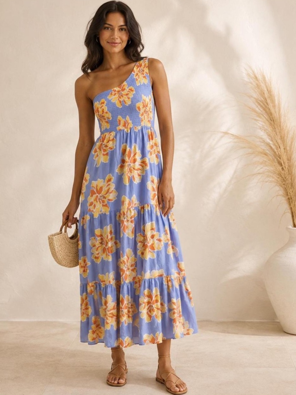 Anthropologie Abel the Label Blue Floral One Shoulder Smocked Midi Dress